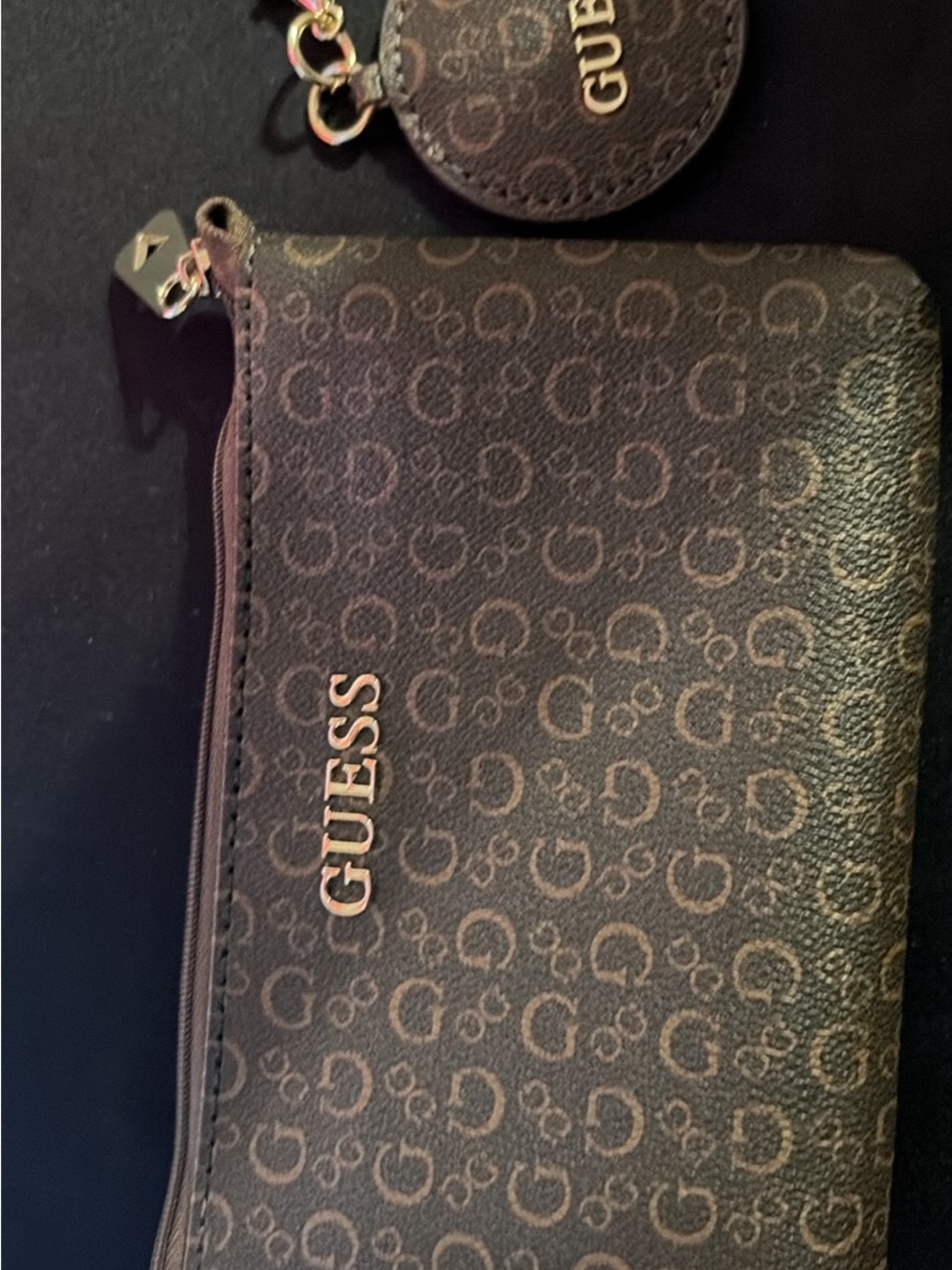 Guess Black Monogram Zip Card & Key Pouch with Gold Logo